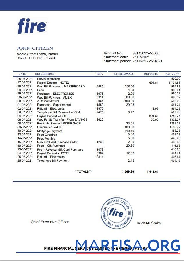 Printable Ireland Fire Financial Services Limited bank statement word template